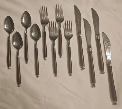Vtg OXFORD HALL  Stainless Flatware BROWN  SYNTHETIC HANDLE Set Of 12 - Image 1 of 4