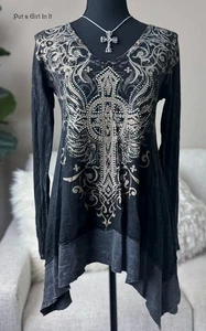 New VOCAL Womens CRYSTAL BLACK MINERAL CROSS WINGS FLARE SHIRT TUNIC S Small Y2K - Picture 1 of 4