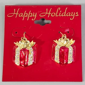 Happy Holidays Weihnachten Geschenkbox Ohrringe Strass umwickelt rot Emaille Set - Bild 1 von 8
