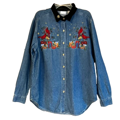 Camisa Denim De Colección Bobbie Brooks Para Mujer M Bordada Navidad Cardenales Algodón Foto 1 de 4