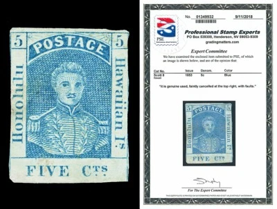 Hawaii Scott 8 1853 5c Blue Kamehameha Used Fine Cat $750 with PSE CERT - Image 1 of 2