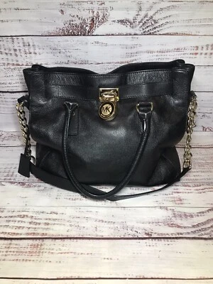 Michael Kors Hamilton 黑色 Saffiano 挎包 钱包 金色 链锁 钥匙磨损 — 第 1/4 张图片