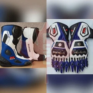 SUZUKI GXSR MOTORBIKE MOTORCYCLE RACING LEATHER SHOES/BOOTS WITH GLOVES - Picture 1 of 5
