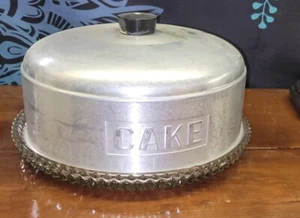 VINTAGE INDIANA GLASS Cake Dish 12.5" Diamond Point Plate w/1950s Aluminum Cover - Picture 1 of 14
