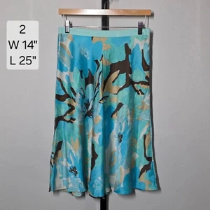 Banana Republic Silk A-Line Midi Skirt, Abstract Floral, Side Zip, Blue, Size 2 - Picture 1 of 5