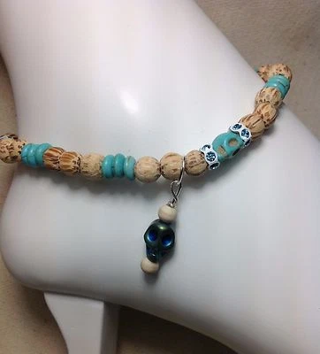 Handmade Turquoise Gemstone Skull Ankle Bracelet/Anklet W/Swarovski Elements USA - Image 1 of 2