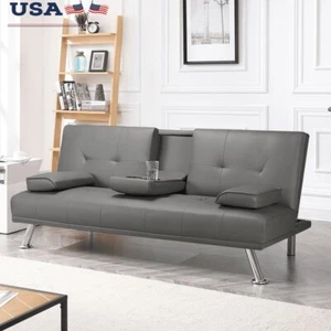Luxury Faux Leather Futon Sofa Bed W/ Cupholders & Pillows Small Spaces Durable - Picture 1 of 9