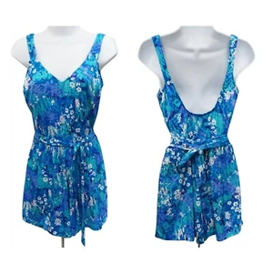 Vintage 1980s Swimsuit Blue flowers Bathing Suit shorts one piece culottes - Picture 1 of 6