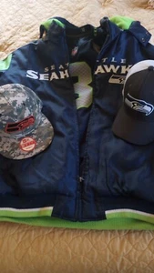 Seattle Seahawks Coat Jacket, Seahawks Jersey Wilson, 2 HATS BALL CAPS 4PIECE - Picture 1 of 6