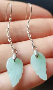 Natural Jadeite Earrings Sterling Silver Leaf Ear Hooks Dangle Earings - Picture 1 of 5