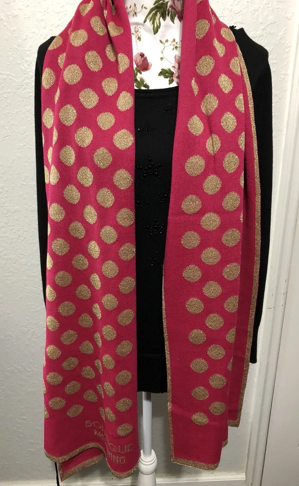 全新带标签 MOSCHINO 波尔卡圆点羊毛混纺长方形围巾 热粉色和金属金色 — 第 1/4 张图片