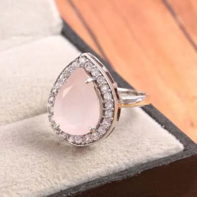 Teardrop Rose Quartz Ring Dainty Halo Minimalist 925 Sterling Silver jewelry - Image 1 of 4