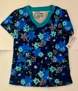 Women’s Butter Soft Size S Small Polyester/Cotton Blue/Navy Floral Scrub Top - Picture 1 of 2