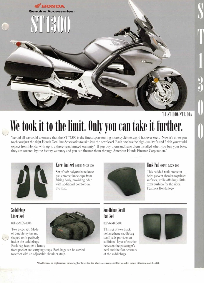 Genuine Honda Accessories Catalog 2003 ST1300 - Image 1 of 1