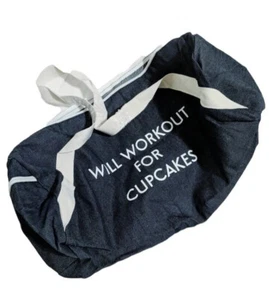 New Duffle Bag Dark Blue Denim Will Workout For Cupcakes Side Zip Pocket - Picture 1 of 8