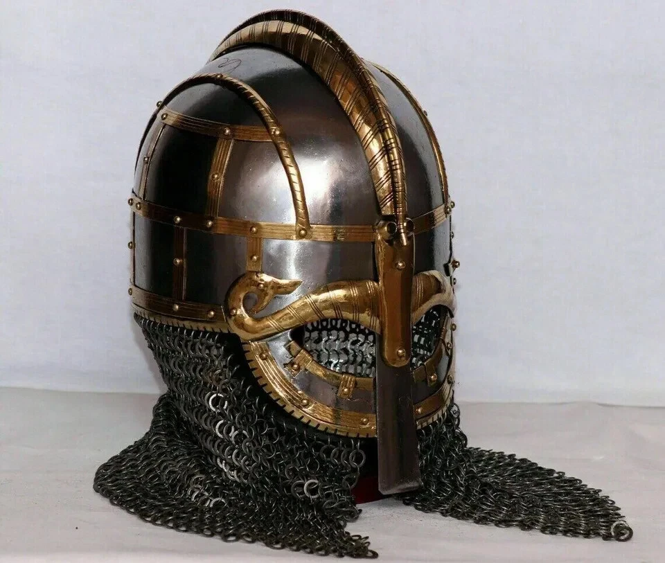 Casco de acero vikingo armadura casco medieval con cota de cadena forjado a mano calibre 20 Foto 1 de 4