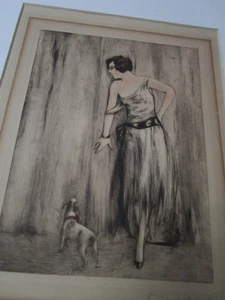 Original Signed Etching Belle Epoque Lady With A Dog Illegible Signature - Picture 1 of 4