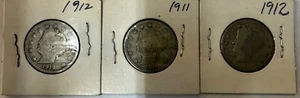 1912 & 1911 Liberty Head V Nickel (2-1912, & 1-1911) Total of 3 - Picture 1 of 2