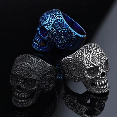 Anillo de acero inoxidable tallado calavera anillo de promesa para hombre vintage pulido  Foto 1 de 2