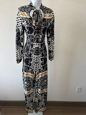 Y2K комбинезон L барокко печать галстук замочная скважина Puff рукав курорт винтажный гламурный максималист - Изображение 1 из 4