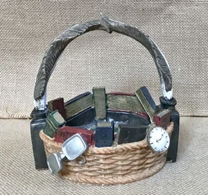 Book Basket Resin Figurine Trinket Dish Gift For Readers Rustic Cottage Core - Picture 1 of 8