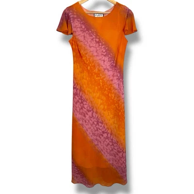 Maxi Vestido Sin Mangas Acampanadas Vintage Mary McFadden Rosa Naranja Talla 10 Foto 1 de 4