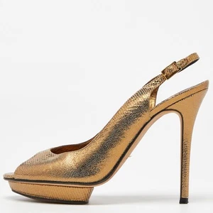 Gina Metallic Gold Lizard Embossed Leather Platform Peep Toe Slingback Sandals - Imagen 1 de 9