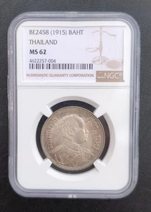 THAILAND 1 BAHT 2458 1915 RAMA VI SILVER COIN NGC MS62 - Picture 1 of 2