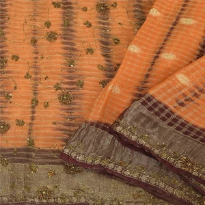 Saris de Leheria naranja vintage sánscriti pura georgette tela con cuentas... - Imagen 1 de 12