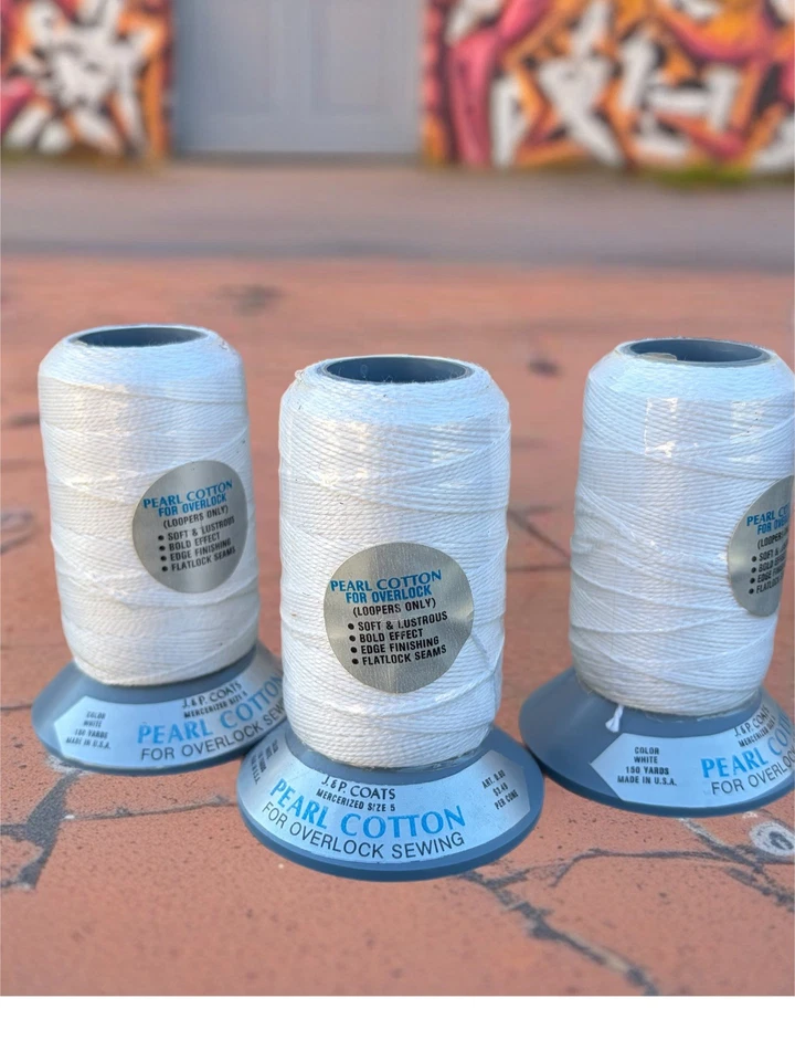 3 new J.&P. Coats "Pearl Cotton" Overlock Sewing Thread White 150 yds.  - Image 1 of 1
