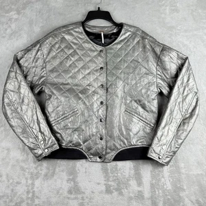 Chaqueta Bomber Free People Mediana Plateada Metálica Cuero Cordero Acolchada Moto Rock - Imagen 1 de 17