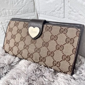 Gucci Brown GG Canvas Long Wallet Lovely Heart Logo elegant Accessories D767 - Picture 1 of 11