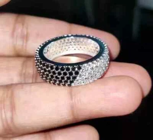 14K White Gold Plated 3Ct Round Lab-Created Black Diamond Wedding Eternity Ring - Picture 1 of 4