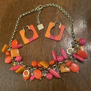 Juego de PENDIENTES Gruesos Collar Cuello Cuentas Retro Liz Claiborne Rosa Naranja De Colección - Imagen 1 de 5