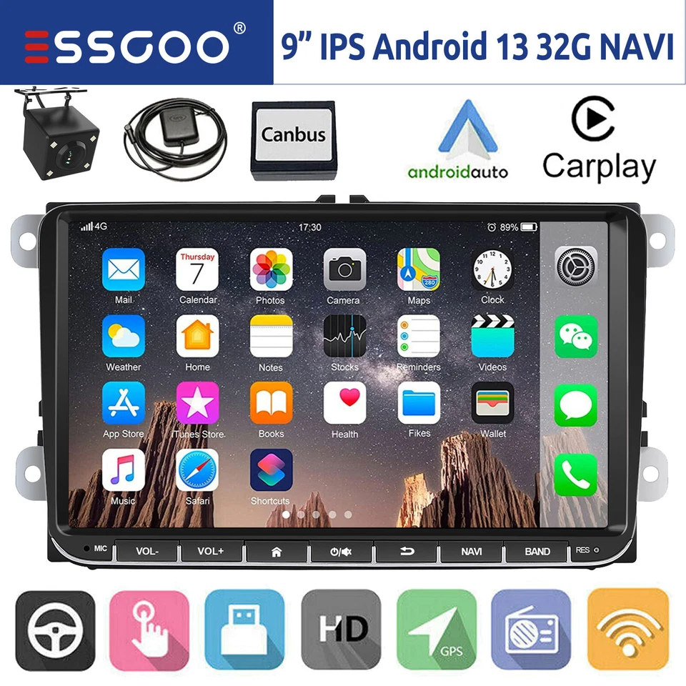 Radio de Coche 9" Carplay Android 13 32G GPS WIFI +Cám Para VW GOLF Jetta Passat - Imagen 1 de 4