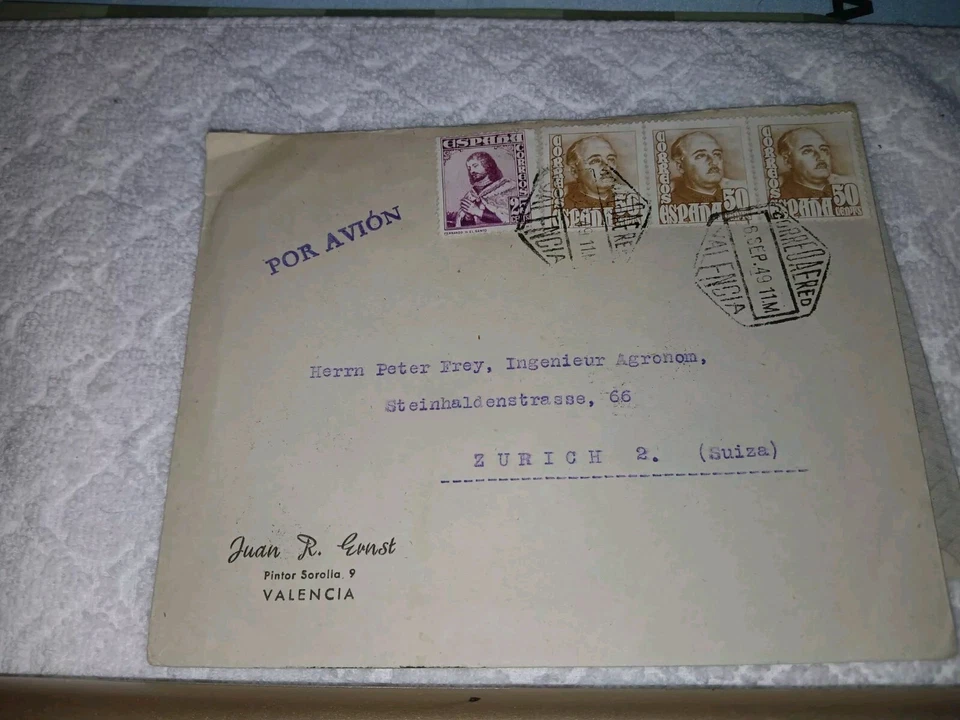 SPAIN-(-1949)-ADVERTISING=JUAN R.ERNST,VALENCIA-COVER TO -ZURICH,SWITZERLAND - Image 1 of 2