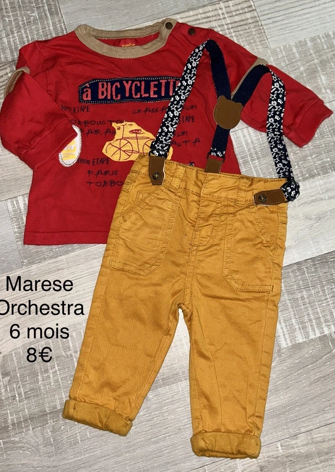 Orchestra MARESE 6 MOIS Garçon : T Shirt rouge + PANTALON A BRETELLES hiver  TBE - Photo 1/1