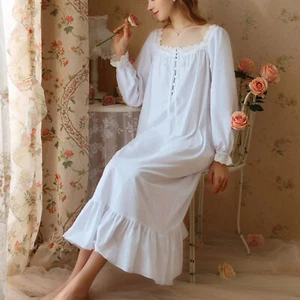 Damen Baumwolle Viktorianisch Nachthemd Prinzessin Quadratischer Ausschnitt Langarm Schlafkleid - Bild 1 von 30