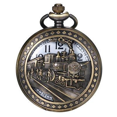 Antique Bronze Steam Trains Patterned Quartz Pocket Watch Necklace Sweater Chain - Image 1 of 4