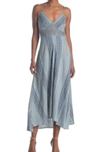 Angie Women's Spaghetti Strap V-Neck Maxi Dress Center Lace Inset Blue LG $43 - Picture 1 of 4