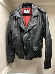 Giacca Motociclista Topman Pelle Nera Vintage X-Large Slim Fodera Rossa - Foto 1 di 15