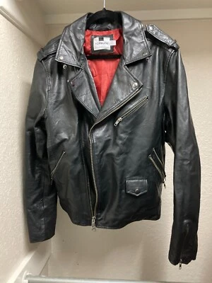 Topman 黑色皮革复古摩托车夹克 X 大号修身红色衬里 — 第 1/4 张图片