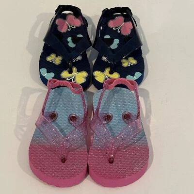 Unbranded Flip Flops Sandals Pink & Navy Blue Butterfly - Lot of 2 Baby Girl 3-4 Foto 1 de 4