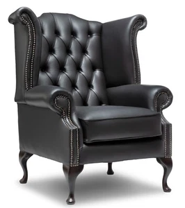 FAST DELIVERY Chesterfield Highback Queen Anne Chair Genuine Black Leather - Picture 1 of 5