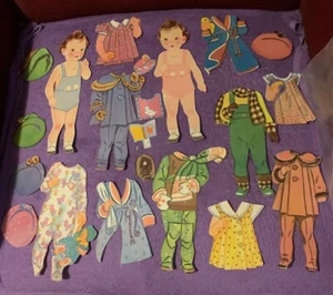 Large Lot of Vintage Paper Dolls 2 Dolls 19 Pieces Paper Clothing GUC - Picture 1 of 3