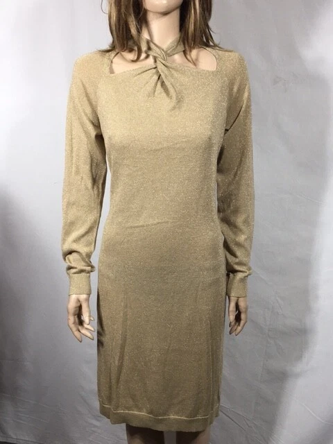 Michael Kors Dress Twist Neck Knit Metallic Women Gold Sz M 498
