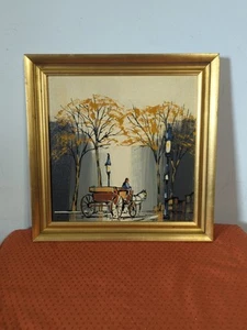 Dipinto olio su tela vintage cavallo e carrozza incorniciato 14 5/8" x 14 5/8" firmato - Foto 1 di 13