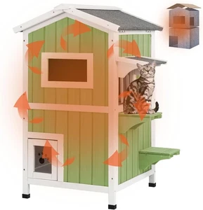 PetsCosset Insulated Cat House Outdoor Shelter Two Story Wooden with Roof,Green - Picture 1 of 9