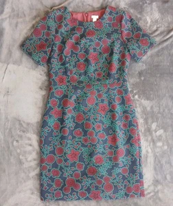 J. Crew Dress Sz 8 Sheath Short Sleeve Ponte Blue Stretch Floral Church - Picture 1 of 4