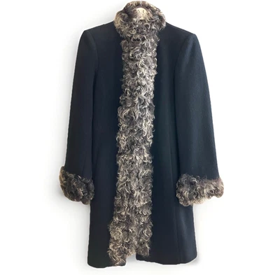 Abrigo de Colección Albert Nipon Para Mujer 8 Negro Lana de Cordero Tigrado Borde de Piel de Cordero EE. UU. Foto 1 de 4